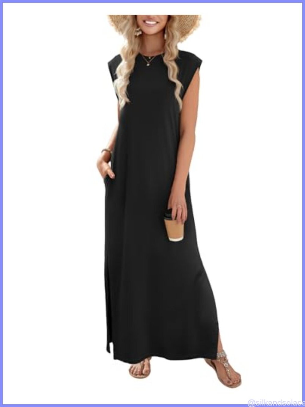 Women's Sleeveless Maxi Dress with Pockets, Side Slit, Wrinkle-Free Beach